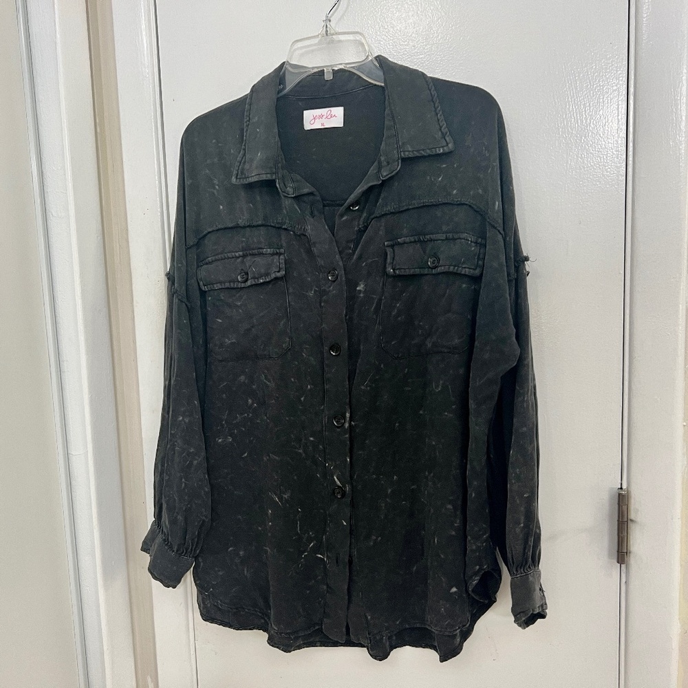 Jess Lea Long Sleeve Button Down Women's Top Distress Charcoal Size XL